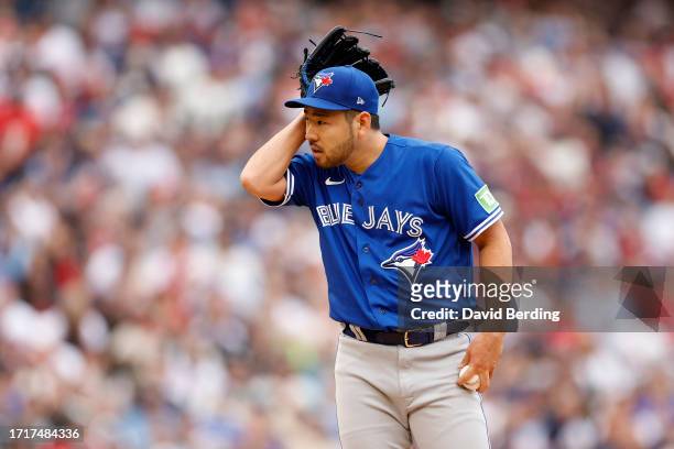 Yusei Kikuchi of the Toronto Blue Jays reacts against the Minnesota Twins during the fourth inning in Game Two of the Wild Card Series at Target...