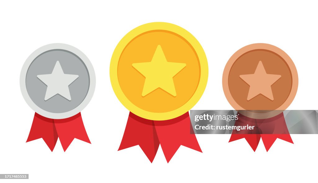 Gold, silver, bronze medal. 1. 2. and 3. places. Trophy with red ribbon.