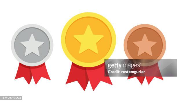 gold, silver, bronze medal. 1. 2. and 3. places. trophy with red ribbon. - bronze medal stock illustrations