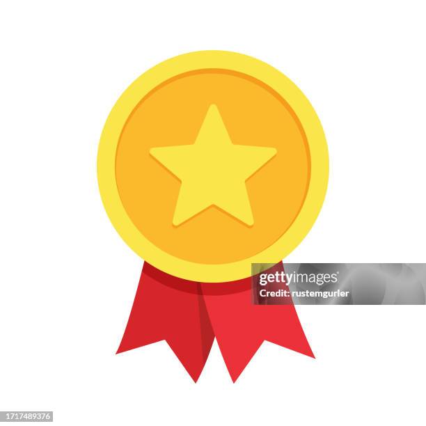 ilustrações, clipart, desenhos animados e ícones de troféu medalha de ouro com fita vermelha. - primeiro tempo esporte