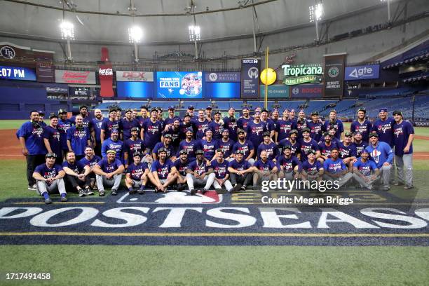 The Texas Rangers pose for a team photo after defeating the Tampa Bay Rays 7-1in Game Two of the Wild Card Series at Tropicana Field on October 04,...