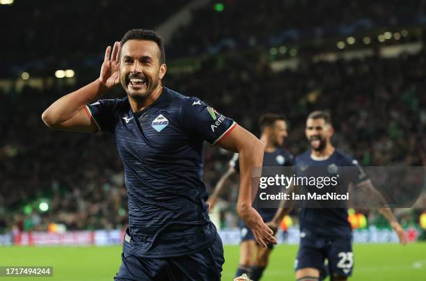 Pedro of SS Lazio celebrates after he scores the winning goal during the UEFA Champions League match between Celtic FC v SS Lazio at Celtic Park...