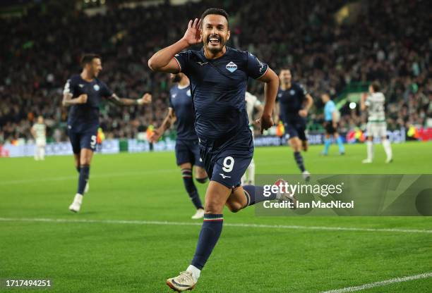 Pedro of SS Lazio celebrates after he scores the winning goal during the UEFA Champions League match between Celtic FC v SS Lazio at Celtic Park...