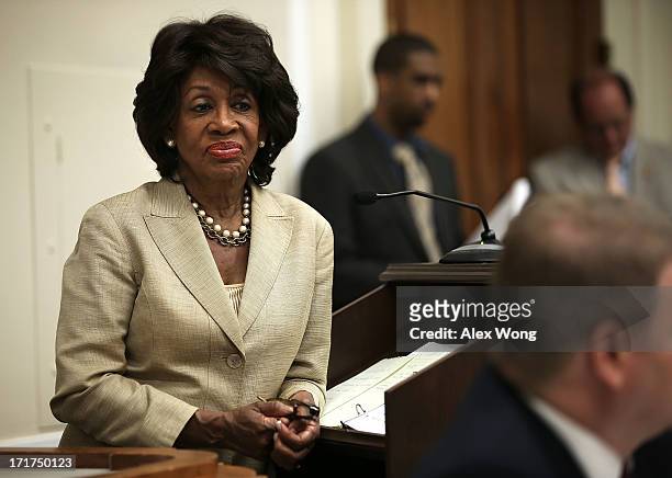 Rep. Maxine Waters listens during a discussion June 28, 2013 on Capitol Hill in Washington, DC. Rep. Waters held the discussion on "A Way Forward For...