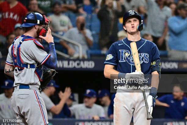 Curtis Mead of the Tampa Bay Rays reacts to striking out to end the game against the Texas Rangers during Game Two of the Wild Card Series at...