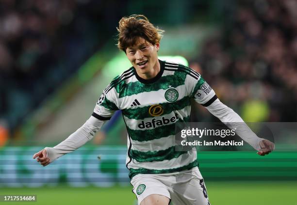 Kyogo Furuhashi of Celtic celebrates scoring his team's opening goal during the UEFA Champions League match between Celtic FC v SS Lazio at Celtic...