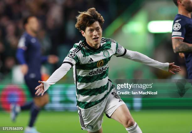 Kyogo Furuhashi of Celtic celebrates scoring his team's opening goal during the UEFA Champions League match between Celtic FC v SS Lazio at Celtic...