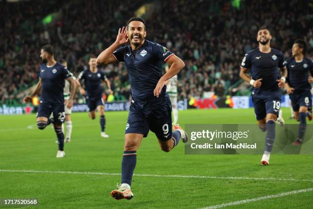 Pedro of SS Lazio celebrates after he scores the winning goal during the UEFA Champions League match between Celtic FC v SS Lazio at Celtic Park...