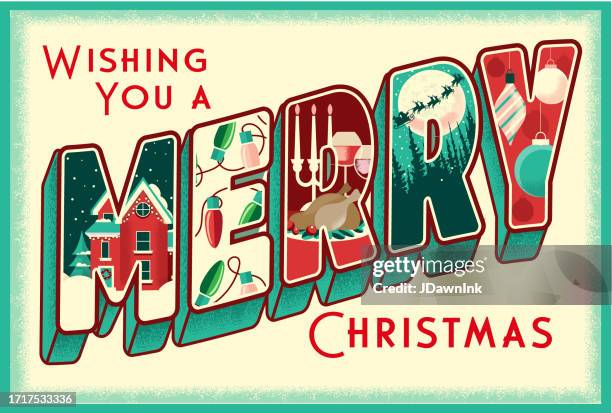 ich wünsche ihnen ein frohes weihnachtsgrußdesign im vintage-postkarten-3d-schriftstil mit detaillierten weihnachtsszenen in jedem brief - postkarte stock-grafiken, -clipart, -cartoons und -symbole