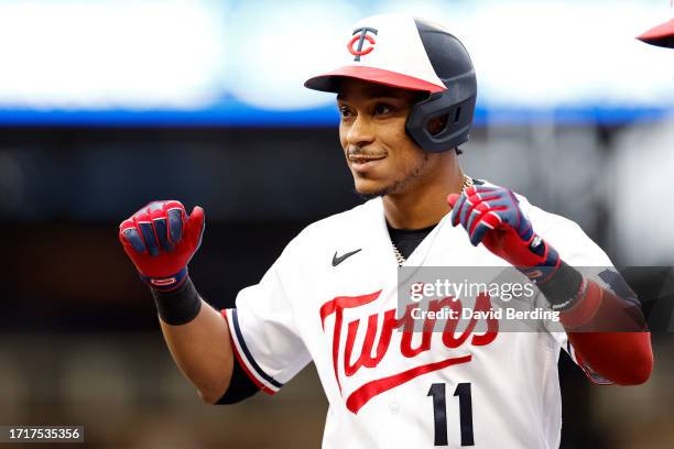 Jorge Polanco of the Minnesota Twins celebrates a base hit against the Toronto Blue Jays during the fifth inning in Game Two of the Wild Card Series...