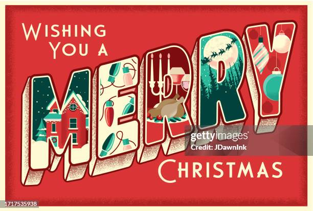 wishing you a merry christmas greeting design in vintage postcard 3d lettering style with detailed holiday scenes in each letter - old fashioned santa stock illustrations