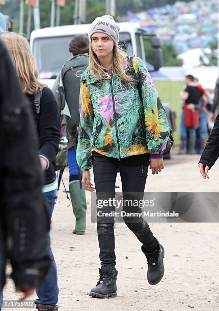 Cara Delevingne attends day 2 of the 2013 Glastonbury Festival at Worthy Farm on June 28, 2013 in Glastonbury, England.