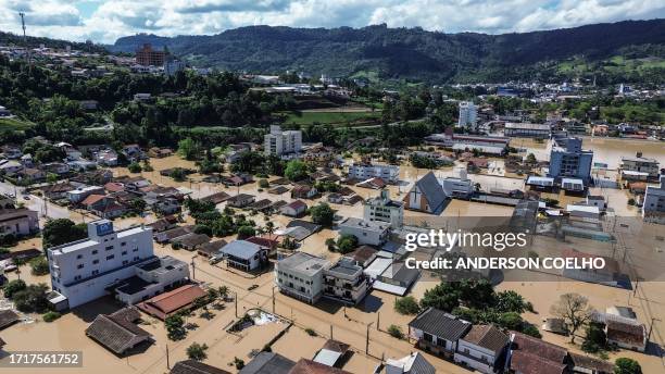 Aerial view of the flooded city of Rio do Sul, Santa Catarina State, Brazil, taken on October 10, 2023. Rio do Sul has 72.5 thousand residents and is...