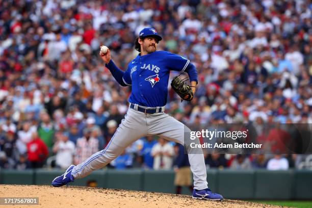 Jordan Romano of the Toronto Blue Jays throws a pitch against the Minnesota Twins during the seventh inning in Game Two of the Wild Card Series at...