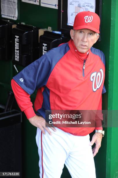 Manager Davey Johnson of the Washington Nationals looks on during a baseball game against the Colorado Rockies on June 21, 2013 at Nationals Park in...