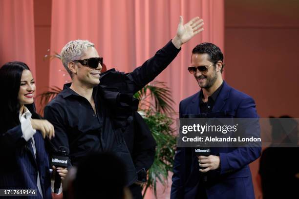 Christian Chávez, Christopher von Uckermann and Maite Perroni appear onstage during the 2023 Billboard Latin Music Week at Faena Forum on October 04,...