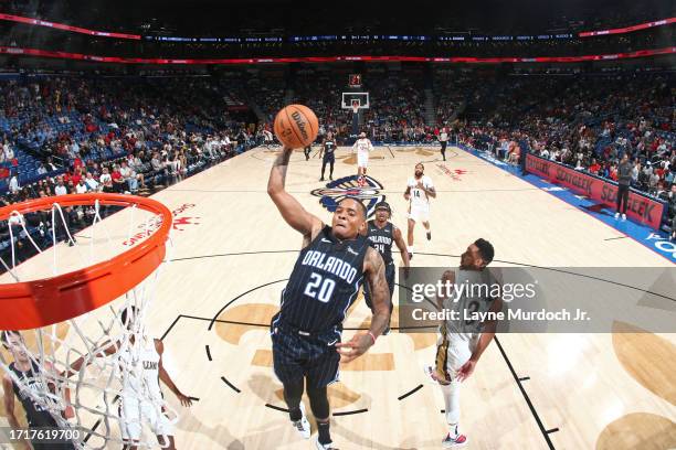 Markelle Fultz of the Orlando Magic dunks the ball during the game against the New Orleans Pelicans on October 10, 2023 at the Smoothie King Center...