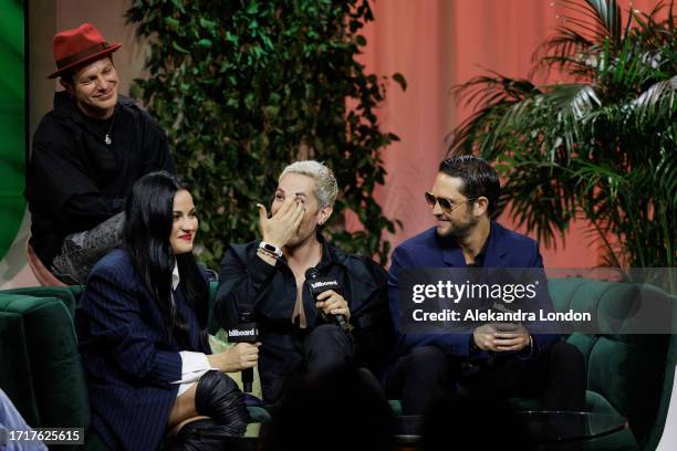 Maite Perroni, Christian Chávez, Christopher von Uckermann and Guillermo Rosas speak in Reviving RBD Presented by AT&T during the 2023 Billboard...