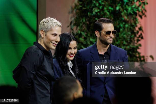 Christian Chávez, Christopher von Uckermann and Maite Perroni onstage during the 2023 Billboard Latin Music Week at Faena Forum on October 04, 2023...