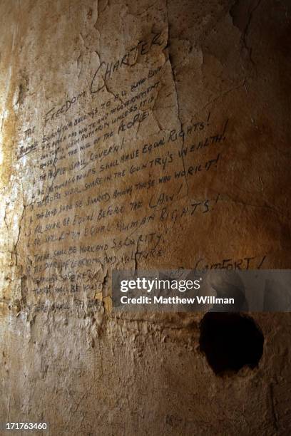 Grafitti on the wall of the holding cell below Courtroom C at the Palace of Justice in Pretoria, South Africa, 16th February 2011. Prisoners were...