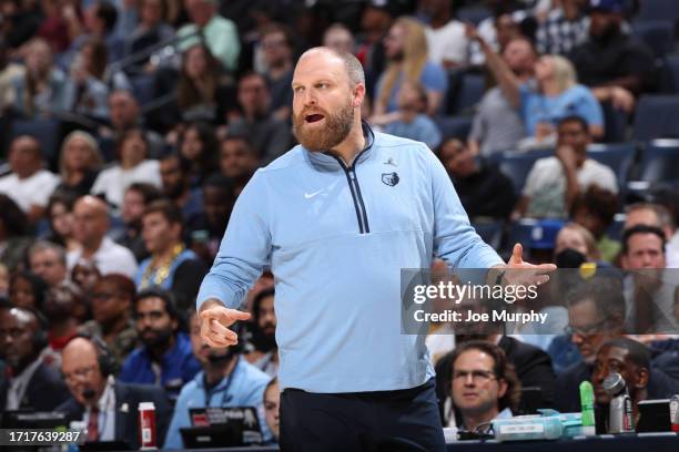 Head Coach Taylor Jenkins of the Memphis Grizzlies coaches against the Milwaukee Bucks on October 10, 2023 at FedExForum in Memphis, Tennessee. NOTE...