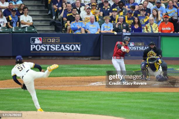 Alek Thomas of the Arizona Diamondbacks hits a solo home run during the fifth inning off of Freddy Peralta of the Milwaukee Brewers in Game Two of...