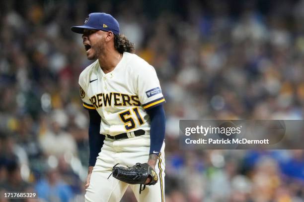 Freddy Peralta of the Milwaukee Brewers reacts to giving up a home ru to Alek Thomas of the Arizona Diamondbacks during the fifth inning of Game Two...