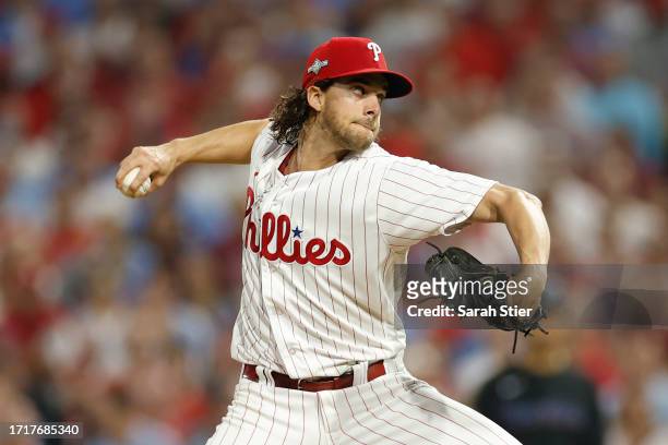 Aaron Nola of the Philadelphia Phillies pitches during the first inning against the Miami Marlins in Game Two of the Wild Card Series at Citizens...