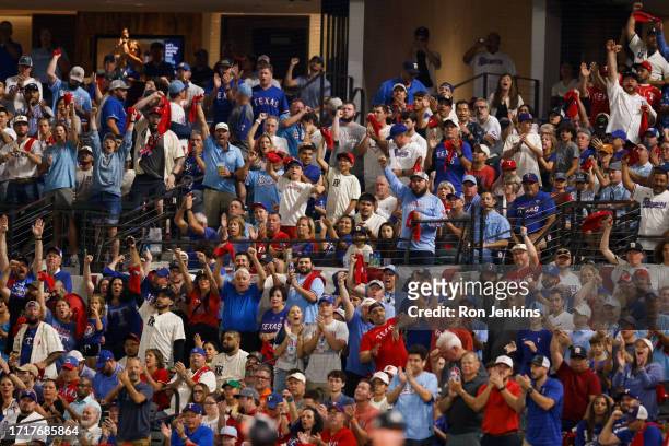 Fans cheer during Game 3 of the Division Series between the Baltimore Orioles and the Texas Rangers at Globe Life Field on Tuesday, October 10, 2023...
