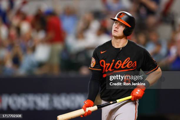 Ryan Mountcastle of the Baltimore Orioles reacts after striking out in the fourth inning during Game 3 of the Division Series between the Baltimore...