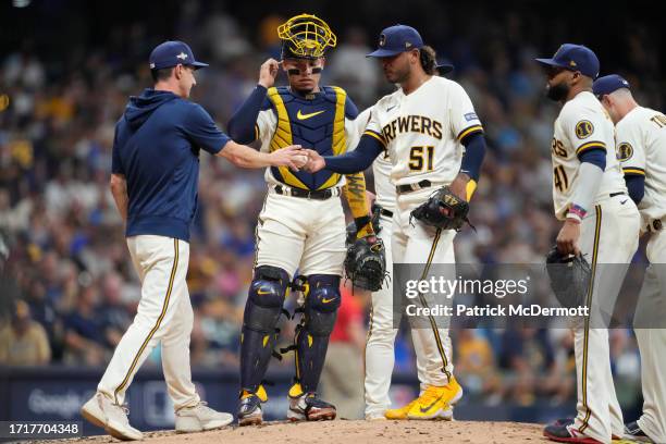 Freddy Peralta of the Milwaukee Brewers exits the game during the sixth inning against the Arizona Diamondbacks in Game Two of the Wild Card Series...