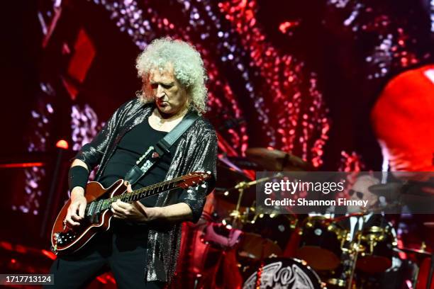 Guitarist Brian May and drummer Roger Taylor perform onstage as Queen + Adam Lambert kick off the "Rhapsody Tour" at CFG Bank Arena on October 04,...