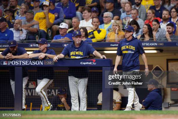 Milwaukee Brewers manager Craig Counsell calls to the bullpen during the sixth inning against the Arizona Diamondbacks in Game Two of the Wild Card...