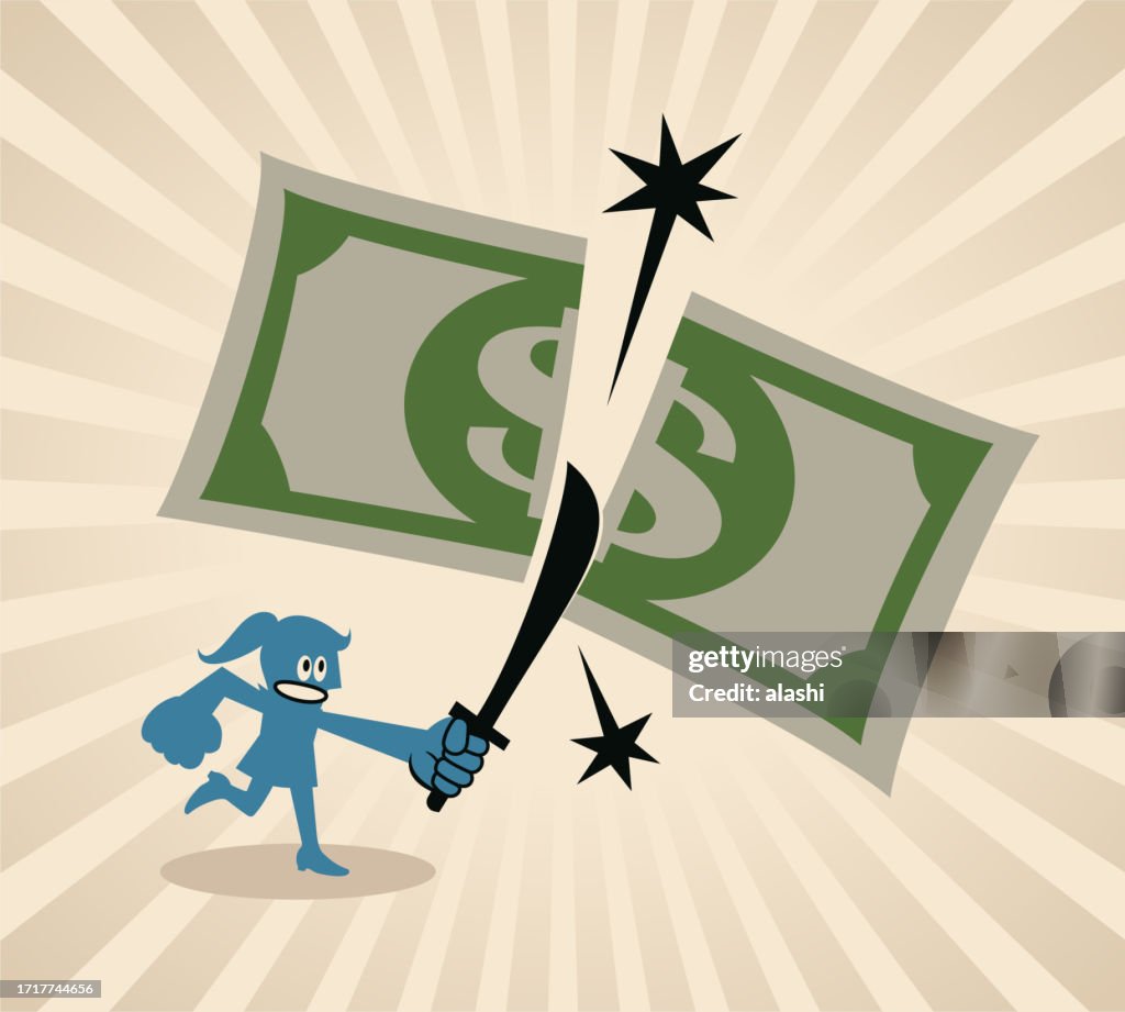 Cut Costs or No Counterfeit Notes Concept, A woman cutting banknotes with a knife or sword