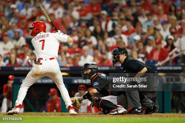 Home plate umpire Doug Eddings looks on during Game Two of the Wild Card Series between the Miami Marlins and the Philadelphia Phillies at Citizens...