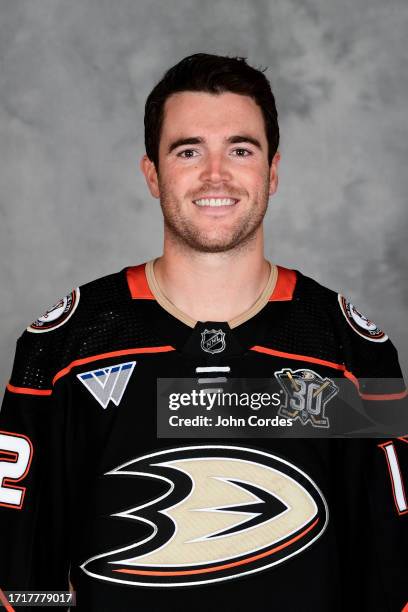 Scott Harrington of the Anaheim Ducks poses for his official headshot for the 2023-2024 season on September 14, 2023 at Great Park Ice in Irvine,...