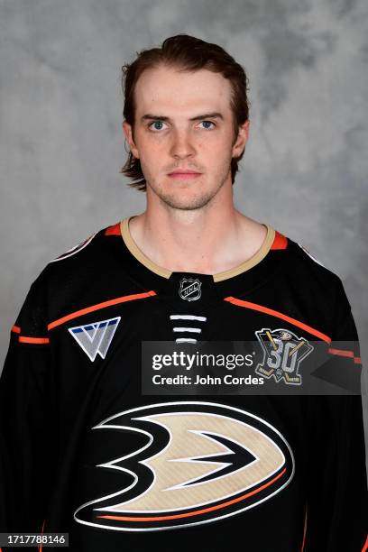 Troy Terry of the Anaheim Ducks poses for his official headshot for the 2023-2024 season on September 14, 2023 at Great Park Ice in Irvine,...