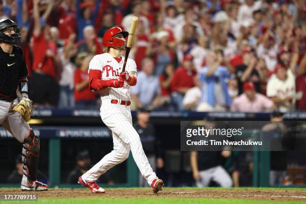 Bryson Stott of the Philadelphia Phillies hits a grand slam during the sixth inning against the Miami Marlins in Game Two of the Wild Card Series at...