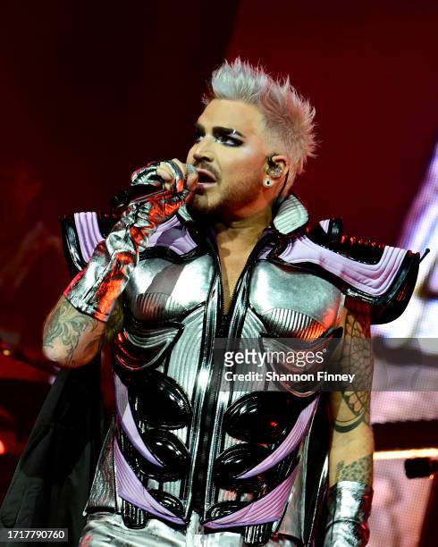 Singer Adam Lambert performs onstage as Queen + Adam Lambert kick off the "Rhapsody Tour" at CFG Bank Arena on October 04, 2023 in Baltimore,...