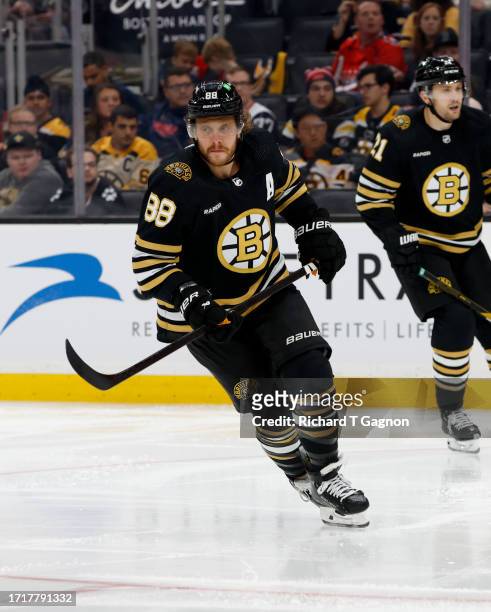 David Pastrnak of the Boston Bruins skates against the Washington Capitals during the second period of a preseason game at the TD Garden on October...