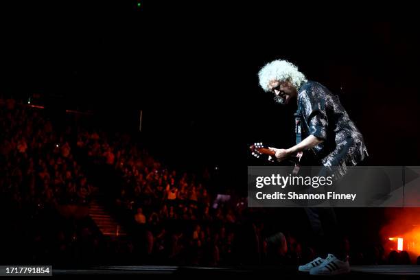 Guitarist Brian May performs onstage as Queen + Adam Lambert kick off the "Rhapsody Tour" at CFG Bank Arena on October 04, 2023 in Baltimore,...