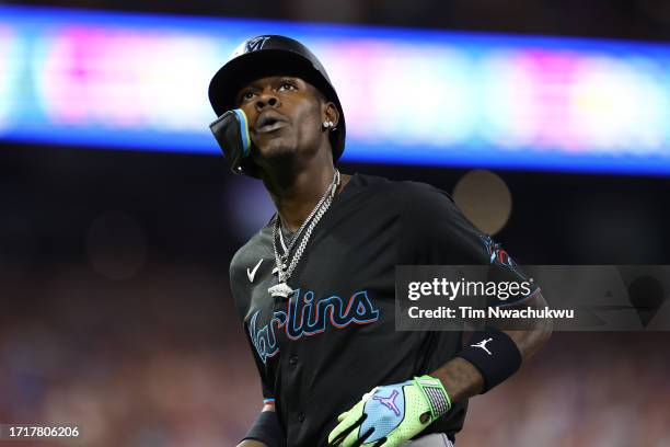 Jazz Chisholm Jr. #2 of the Miami Marlins reacts during the seventh inning against the Philadelphia Phillies in Game Two of the Wild Card Series at...