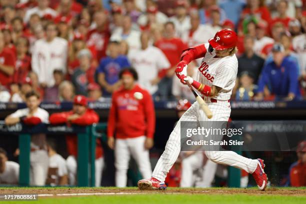 Bryson Stott of the Philadelphia Phillies hits a grand slam during the sixth inning against the Miami Marlins in Game Two of the Wild Card Series at...