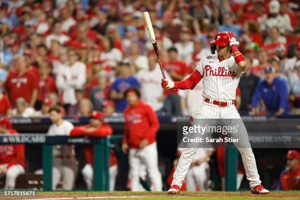 Bryson Stott of the Philadelphia Phillies reacts prior to hitting a grand slam during the sixth inning against the Miami Marlins in Game Two of the...
