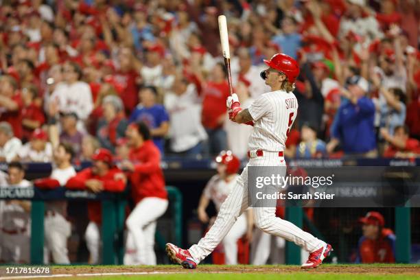 Bryson Stott of the Philadelphia Phillies hits a grand slam during the sixth inning against the Miami Marlins in Game Two of the Wild Card Series at...