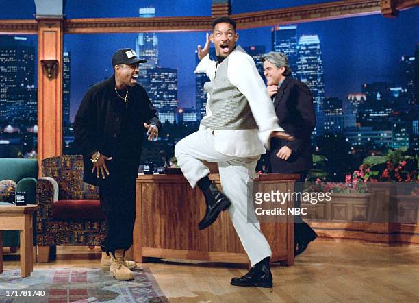 Episode 670 -- Pictured: Actor Martin Lawrence, actor Will Smith with host Jay Leno on April 14, 1995 --