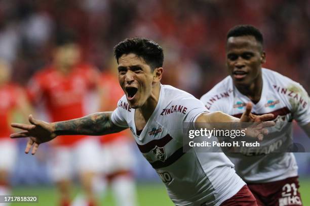 German Cano of Fluminense celebrates after scoring the team's second goal during the second leg of the Copa CONMEBOL Libertadores 2023 semi-final...