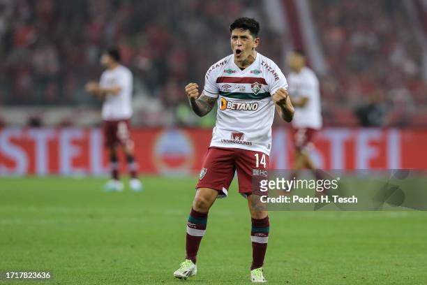 German Cano of Fluminense celebrates after scoring the team's second goal during the second leg of the Copa CONMEBOL Libertadores 2023 semi-final...