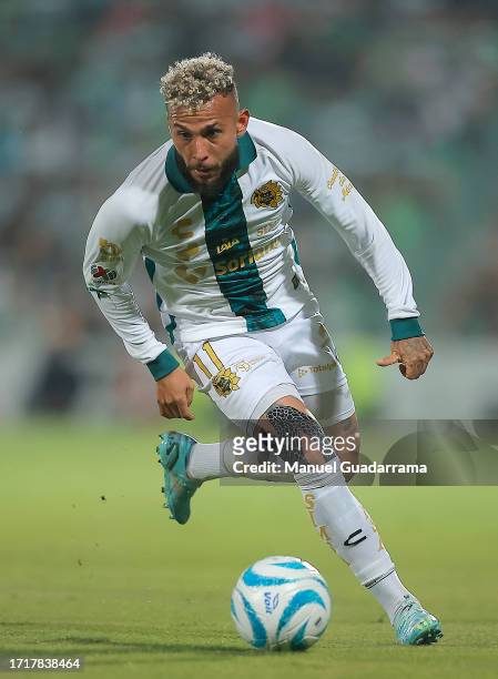 Duvan Vergara of Santos controls the ball during the 9th round match between Santos Laguna and Necaxa as part of the Torneo Apertura 2023 Liga MX at...