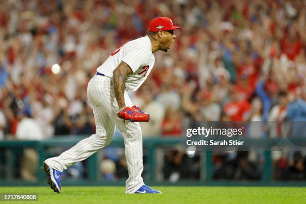 Gregory Soto of the Philadelphia Phillies celebrates after defeating the Miami Marlins 7-1 in Game Two of the Wild Card Series at Citizens Bank Park...